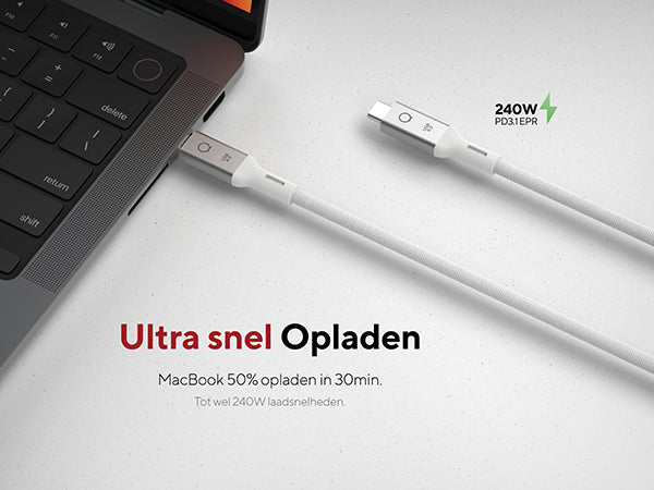 Ultra snel Opladen. MacBook 50% opladen in 30min. Tot wel 240W laadsnelheden. 240W PD3.1 EPR