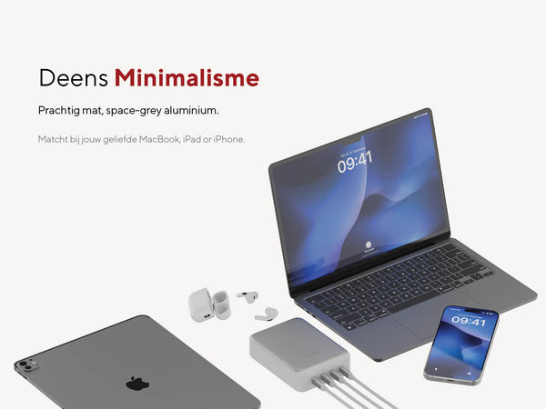 Deens Minimalisme. Prachtig mat, space-grey aluminium. Matcht bij jouw geliefde MacBook, iPad or iPhone