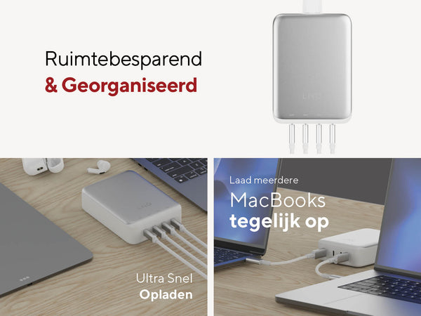 Laad meerdere MacBooks tegelijk op. Ruimtebesparend & Georganiseerd. Ultra Snel Opladen