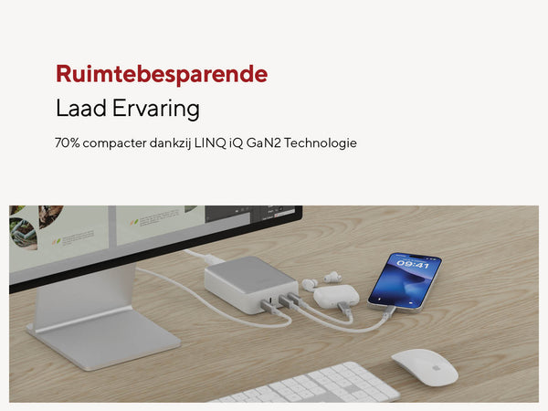 Ruimtebesparende Laad Ervaring. 70% compacter dankzij LINQ iQ GaN2 Technologie. De slimme LINQ iQ-technologie levert een hoog uitgaand vermogen vanuit een ultracompacte behuizing