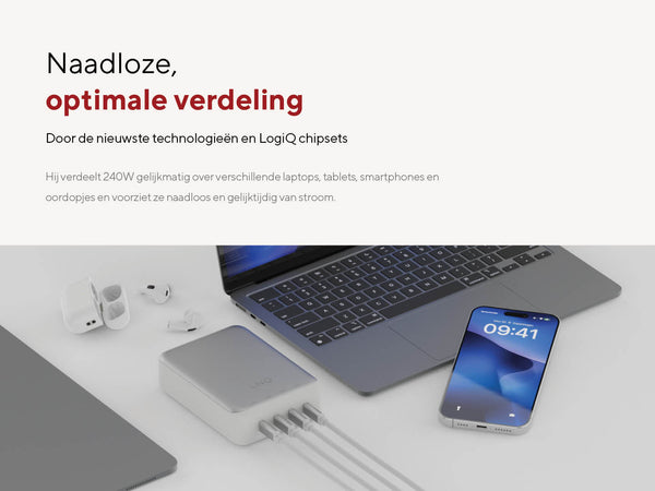 Naadloze, optimale verdeling. Door de nieuwste technologieën en LogiQ chipsets. De intelligente DeskCharge identificeert alle aangesloten apparaten en past het vermogen hierop aan. Hij verdeelt 240W gelijkmatig over verschillende laptops, tablets, smartphones en oordopjes en voorziet ze naadloos en gelijktijdig van stroom