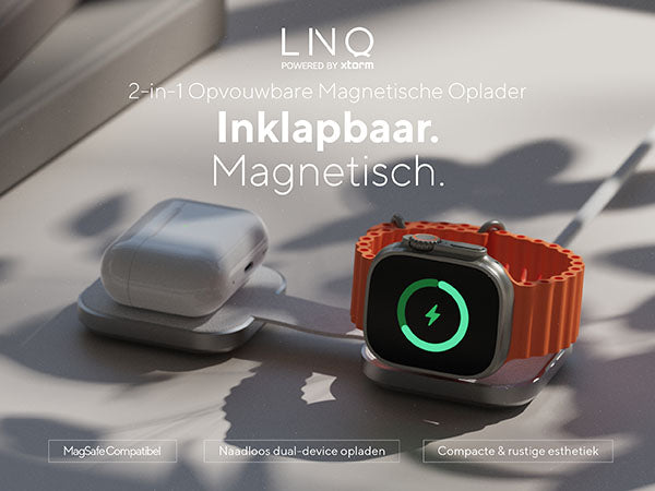 Inklapbaar. Magnetisch. 2-in-1 Opvouwbare Magnetische Oplader. MagSafe Compatibel. Naadloos dual-device opladen. Compacte & rustige esthetiek