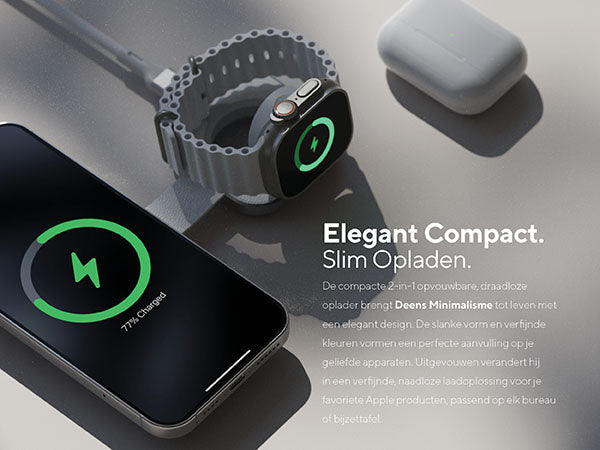 Elegant Compact. Slim Opladen. De compacte 2-in-1 opvouwbare, draadloze oplader brengt Deens Minimalisme tot leven met een elegant design. De slanke vorm en verfijnde kleuren vormen een perfecte aanvulling op je geliefde apparaten. Uitgevouwen verandert hij in een verfijnde, naadloze laadoplossing voor je favoriete Apple producten, passend op elk bureau of bijzettafel