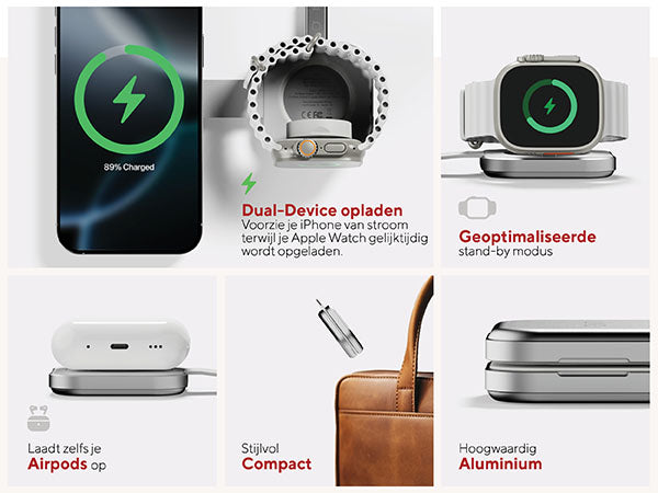 Dual-Device Opladen: Voorzie je iPhone van stroom terwijl je Apple Watch gelijktijdig wordt opgeladen. Geoptimaliseerde stand-by modus. Laadt zelfs je Airpods op: Laad je AirPods eenvoudig en moeiteloos op via de draadloze laadpad.*. Stijlvol Compact: Compact en stijlvol, naadloos passend in je interieur en ideaal voor elegant opladen onderweg. Hoogwaardig Aluminum: Deens Minimalisme op premium niveau