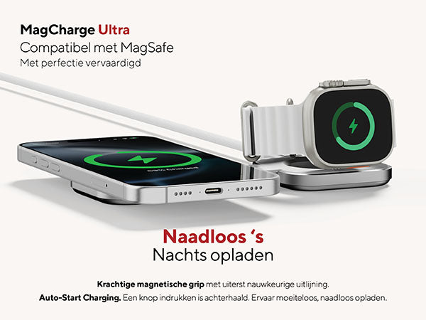 Naadloos 's nachts opladen. MagCharge Ultra Compatibel met MagSafe Met perfectie vervaardigd. Krachtige magnetische grip met uiterst nauwkeurige uitlijning. Auto-Start Charging. Een knop indrukken is achterhaald. Ervaar moeiteloos, naadloos opladen