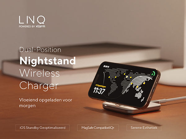 Dual-Position Nightstand Wireless Charger. Vloeiend opgeladen voor morgen. IOS Standby Geoptimaliseerd. MagSafe Compatibel iQ+. Serene Esthetiek