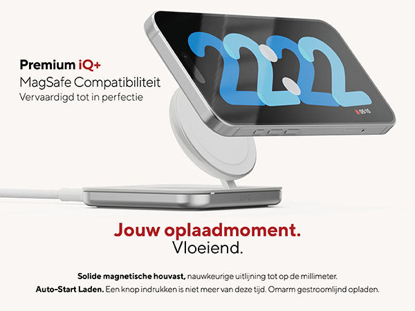 Jouw oplaadmoment. Vloeiend. Premium iQ+ MagSafe Compatibiliteit Vervaardigd tot in perfectie. Solide magnetische houvast, nauwkeurige uitlijning tot op de millimeter. Auto-Start Laden. Een knop indrukken is niet meer van deze tijd. Omarm gestroomlijnd opladen