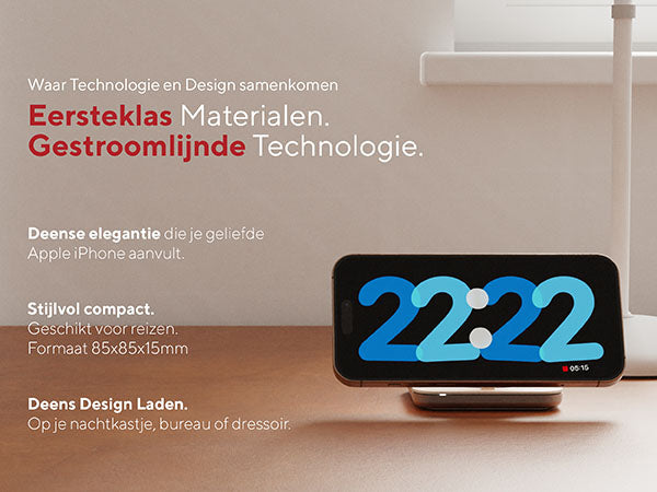 Eersteklas Materialen. Gestroomlijnde Technologie. Waar Technologie en Design samenkomen. Deense elegantie die je geliefde Apple iPhone aanvult. Stijlvol compact. Geschikt voor reizen. Formaat 85x85x15mm. Deens Design Laden. Op je nachtkastje, bureau of dressoir