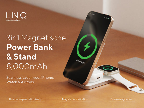 3in1 Magnetische Powerbank & Stand 8.000mAh. Seamless Laden voor iPhone, Watch & AirPods. Ruimtebesparend Ontwerp. MagSafe Compatibel iQ+. Sterke magneten
