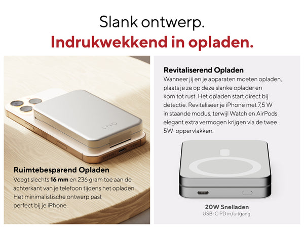 Slank ontwerp. Indrukwekkend in opladen. Ruimtebesparend Opladen: Voegt slechts 16 mm en 236 gram toe aan de achterkant van je telefoon tijdens het opladen. Het minimalistische ontwerp past perfect bij je iPhone