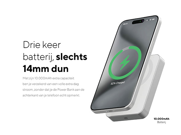 Drie keer batterij, slechts 14mm dun. Met zijn 10.000mAh extra capaciteit ben je verzekerd van een volle extra dag stroom, zonder dat je de Power Bank aan de achterkant van je telefoon echt opmerkt. 10.000mAh Batterij