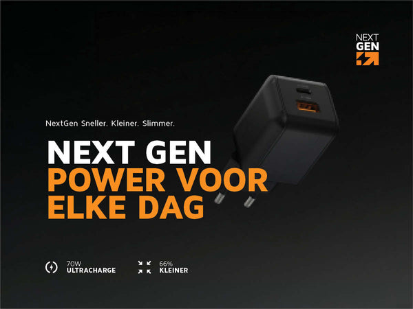 Next gen power voor elke dag. NextGen Sneller. Kleiner. Slimmer. 70W ultracharge. 66% kleiner