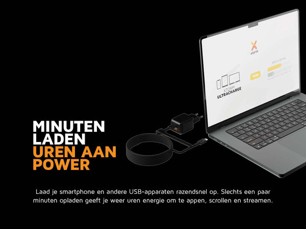Minuten laden uren aan power. Laad je smartphone en andere USB-apparaten razendsnel op. Slechts een paar minuten opladen geeft je weer uren energie om te appen, scrollen en streamen. 50% in 30 Minuten
