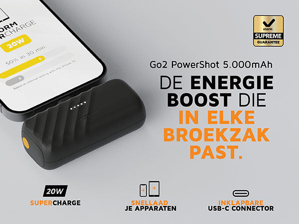De energie boost die in elke broekzak past. Go2 PowerShot 5.000mAh. 20W supercharge. Snellaad je apparaten. Inklapbare USB-C connector