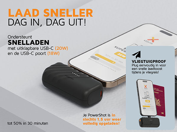 Laad sneller dag in, dag uit!. Ondersteunt snelladen met uitklapbare USB-C en de USB-C poort. Vliegtuigproof: Plug eenvoudig in voor een snelle laadboost tijdens je vliegreis!. Tot 50% in 30 minuten. Je PowerShot is in slechts 1,5 uur weer volledig opgeladen!