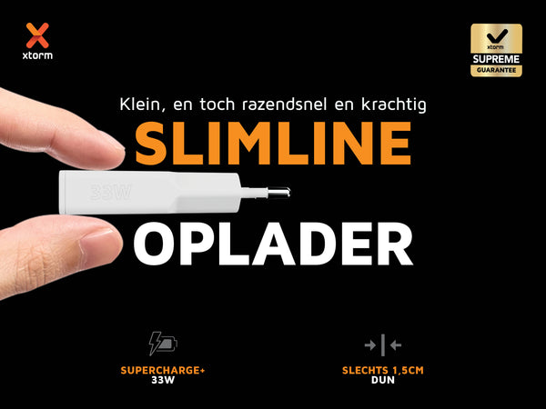 Slimline oplader. Klein, en toch razendsnel en krachtig. Supercharge+ 33W. Slechts 1,5CM dun