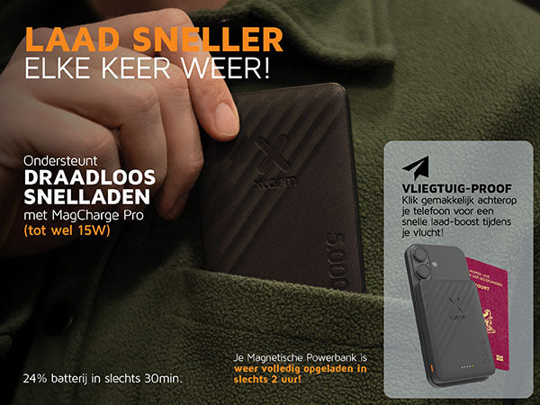 Laad sneller elke keer weer!. Ondersteunt draadloos snelladen met MagCharge Pro. Vliegtuig-proof: Klik gemakkelijk achterop je telefoon voor een snelle laad-boost tijdens je vlucht!. 24% batterij in slechts 30min. Je Magnetische Powerbank is weer volledig opgeladen in slechts 2 uur!