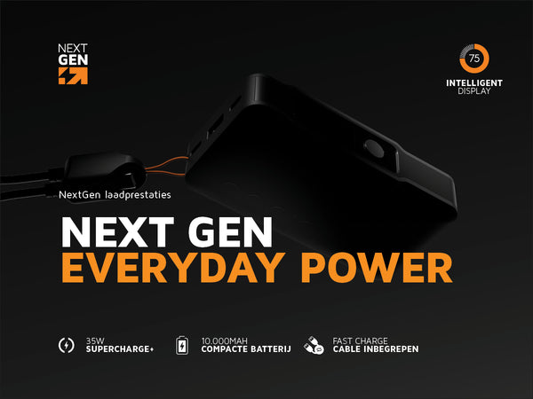 Next gen everyday power. NextGen laadprestaties. 35W supercharge+. 10.000MAH compacte batterij. Fast charge kabel inbegrepen. 75 intelligent display