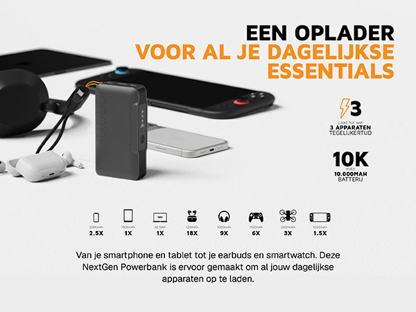 Een oplader voor al je dagelijkse essentials. Van je smartphone en tablet tot je earbuds en smartwatch. Deze NextGen Powerbank is ervoor gemaakt om al jouw dagelijkse apparaten op te laden. 3 Laad tot wel 3 apparaten tegelijkertijd. 10K mAh 10.000MAH batterij. 3349mAh 2.5X. 7606mAh 1X. 36,5Wh 1X. 523mAh 18X. 1000mAh 9X. 1560mAh 6X. 2500mAh 3X. 5220mAh 1.5X
