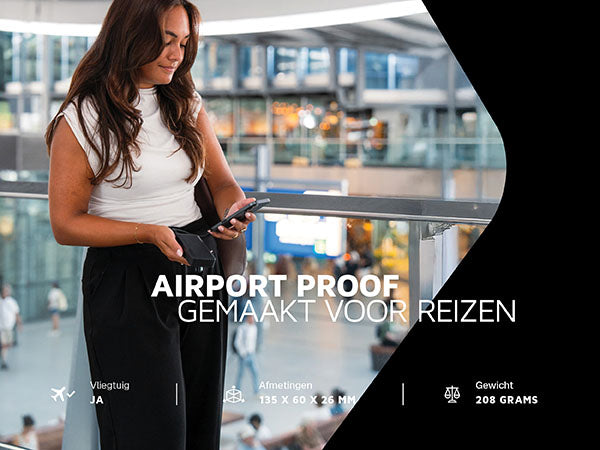 Airportproof gemaakt voor reizen. Vliegtuig ja. Afmetingen 135 x 60 x 26 mm. Gewicht 208 grams