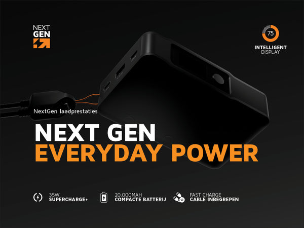 Next gen everyday power. NextGen laadprestaties. 35W supercharge+. 20.000MAH compacte batterij. Fast charge kabel inbegrepen. 75 intelligent display