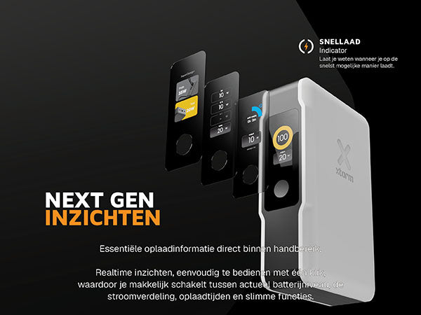 Next gen inzichten. Essentiële oplaadinformatie direct binnen handbereik. Realtime inzichten, eenvoudig te bedienen met één klik, waardoor je makkelijk schakelt tussen actueel batterijniveau, de stroomverdeling, oplaadtijden en slimme functies. Dimt automatisch zwart beeld wanneer het een tijdje niet wordt gebruikt, om afleiding te minimaliseren. Snellaad Indicator: Laat je weten wanneer je op de snelst mogelijke manier laadt