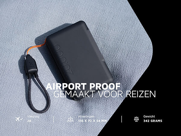 Airportproof gemaakt voor reizen. Vliegtuig ja. Afmetingen 116 x 72 x 34 mm. Gewicht 342 grams