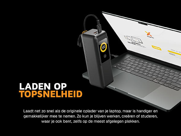 Laden op topsnelheid. Laadt net zo snel als de originele oplader van je laptop, maar is handiger en gemakkelijker mee te nemen. Zo kun je blijven werken, creëren of studeren, waar je ook bent, zelfs op de meest afgelegen plekken. De meegeleverde FastCharge USB-C-kabel zorgt al vanaf het allereerste gebruik voor optimale laadprestaties. 50% in 30 Minuten