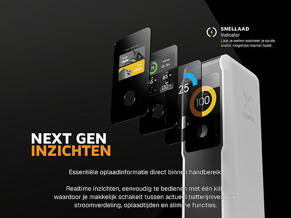 Next gen inzichten. Essentiële oplaadinformatie direct binnen handbereik. Realtime inzichten, eenvoudig te bedienen met één klik, waardoor je makkelijk schakelt tussen actueel batterijniveau, de stroomverdeling, oplaadtijden en slimme functies. Dimt automatisch zwart beeld wanneer het een tijdje niet wordt gebruikt, om afleiding te minimaliseren. Snellaad Indicator: Laat je weten wanneer je op de snelst mogelijke manier laadt