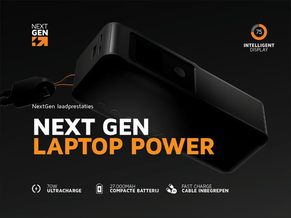 Next gen laptop power. NextGen laadprestaties. 70W ultracharge. 27.000MAH compacte batterij. Fast charge kabel inbegrepen. 75 intelligent display