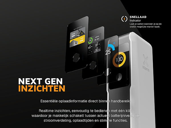 Next gen inzichten. Essentiële oplaadinformatie direct binnen handbereik. Realtime inzichten, eenvoudig te bedienen met één klik, waardoor je makkelijk schakelt tussen actueel batterijniveau, de stroomverdeling, oplaadtijden en slimme functies. Dimt automatisch zwart beeld wanneer het een tijdje niet wordt gebruikt, om afleiding te minimaliseren. Snellaad Indicator: Laat je weten wanneer je op de snelst mogelijke manier laadt