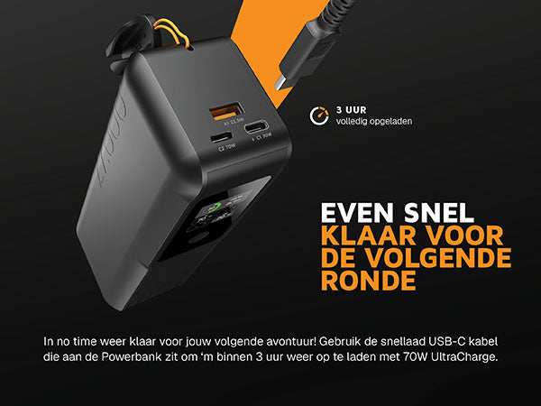 Even snel klaar voor de volgende ronde. In no time weer klaar voor jouw volgende avontuur! Gebruik de snellaad USB-C kabel die aan de Powerbank zit om ‘m binnen 3 uur weer op te laden met 70W UltraCharge. De kabel kan zelfs gebruikt worden als stevige draaglus om je Powerbank overal mee naartoe te nemen. 3 uur volledig opgeladen