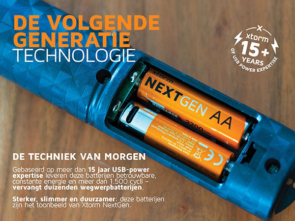 De volgende generatie technologie. De techniek van morgen. Gebaseerd op meer dan 15 jaar USB-power expertise leveren deze batterijen betrouwbare, constante energie en meer dan 1.500 cycli – vervangt duizenden wegwerpbatterijen. Sterker, slimmer en duurzamer: deze batterijen zijn het toonbeeld van Xtorm NextGen