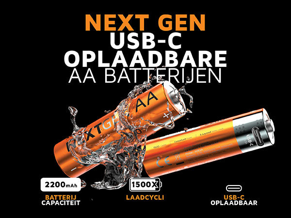 Next gen USB-C oplaadbare aa batterijen. 2200mAh batterij capaciteit. 1500X laadcycli. USB-C oplaadbaar