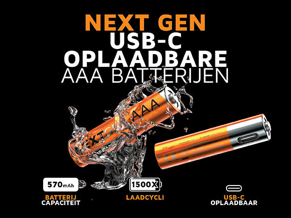 Next gen USB-C oplaadbare aaa batterijen. 570mAh batterij capaciteit. 1500X laadcycli. USB-C oplaadbaar