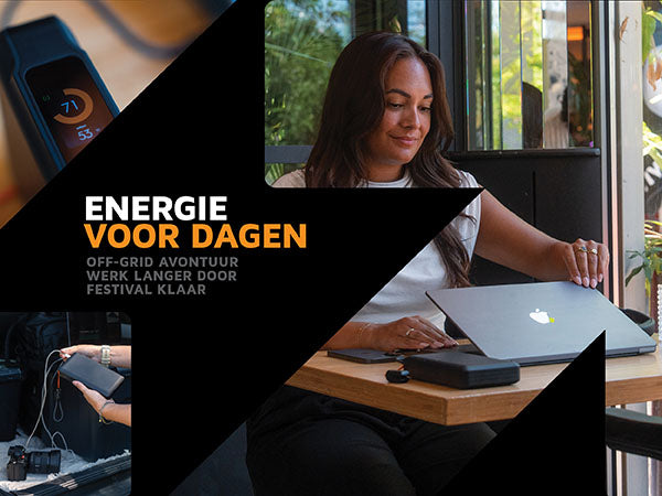 Energie voor dagen. Off-grid avontuur: Houd je apparaten opgeladen tijdens kampeertrips en op locaties zonder vaste stroomvoorziening. Werk langer door: Blijf productief tijdens lange werkdagen, zonder op zoek te hoeven naar een stopcontact. Festival klaar: Blijf verbonden, maak foto's en video's en geniet van elk moment van van begin tot eind