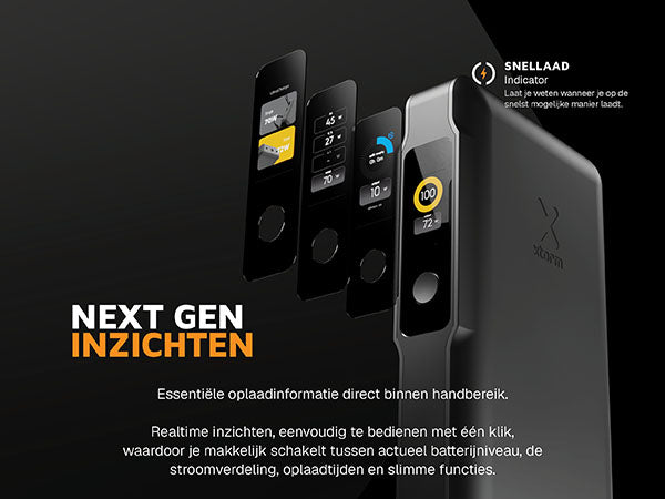 Next gen inzichten. Essentiële oplaadinformatie direct binnen handbereik. Realtime inzichten, eenvoudig te bedienen met één klik, waardoor je makkelijk schakelt tussen actueel batterijniveau, de stroomverdeling, oplaadtijden en slimme functies. Dimt automatisch zwart beeld wanneer het een tijdje niet wordt gebruikt, om afleiding te minimaliseren. Snellaad Indicator: Laat je weten wanneer je op de snelst mogelijke manier laadt
