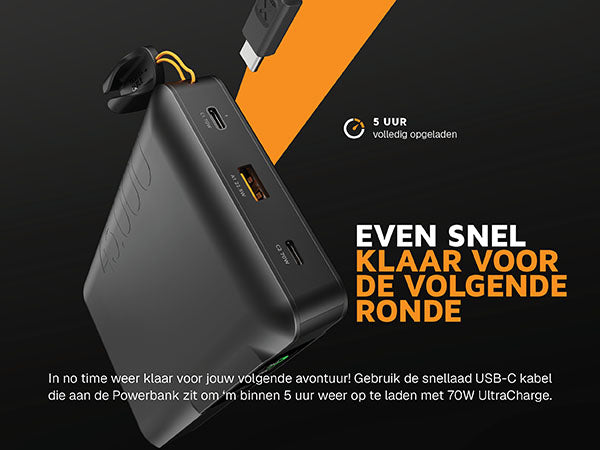 Even snel klaar voor de volgende ronde. In no time weer klaar voor jouw volgende avontuur! Gebruik de snellaad USB-C kabel die aan de Powerbank zit om 'm binnen 5 uur weer op te laden met 70W UltraCharge. De kabel kan zelfs gebruikt worden als stevige draaglus om je Powerbank overal mee naartoe te nemen. 5 uur volledig opgeladen