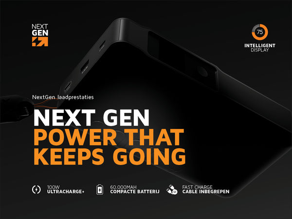 Next gen power that keeps going. NextGen laadprestaties. 100W ultracharge+. 60.000MAH compacte batterij. Fast charge kabel inbegrepen. 75 intelligent display