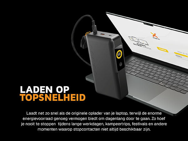 Laden op topsnelheid. Laadt net zo snel als de originele oplader van je laptop, terwijl de enorme energievoorraad genoeg vermogen biedt om dagenlang door te gaan. Zo hoef je nooit te stoppen tijdens lange werkdagen, kampeertrips, festivals en andere momenten waarop stopcontacten niet altijd beschikbaar zijn. De meegeleverde FastCharge USB-C-kabel zorgt al vanaf het allereerste gebruik voor optimale laadprestaties. 50% in 30 Minuten
