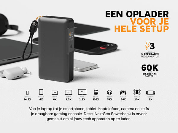Een oplader voor je hele setup. Van je laptop tot je smartphone, tablet, koptelefoon, camera en zelfs je draagbare gaming console. Deze NextGen Powerbank is ervoor gemaakt om al jouw tech apparaten op te laden. 3 Laad tot wel 3 apparaten tegelijkertijd. 60K mAh 60.000MAH batterij. 3349mAh 14.5X. 7606mAh 6X. Neo 36,5Wh 6X. Air 66,5Wh 3.3X. Pro 100Wh 2.2X. 523mAh 108X. 1000mAh 54X. 1560mAh 36X. 2500mAh 20X. 5220mAh 9X
