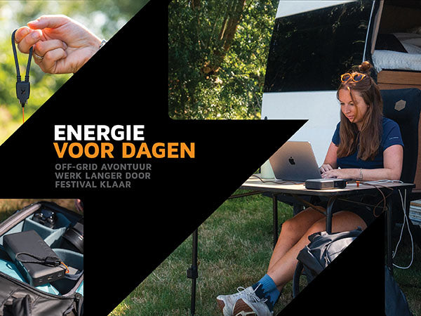Energie voor dagen. Off-grid avontuur: Houd je apparaten opgeladen tijdens kampeertrips en op locaties zonder vaste stroomvoorziening. Werk langer door: Blijf productief tijdens lange werkdagen, zonder op zoek te hoeven naar een stopcontact. Festival klaar: Blijf verbonden, maak foto's en video's en geniet van elk moment van van begin tot eind