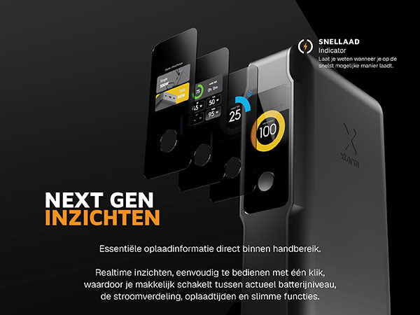 Next gen inzichten. Essentiële oplaadinformatie direct binnen handbereik. Realtime inzichten, eenvoudig te bedienen met één klik, waardoor je makkelijk schakelt tussen actueel batterijniveau, de stroomverdeling, oplaadtijden en slimme functies. Dimt automatisch zwart beeld wanneer het een tijdje niet wordt gebruikt, om afleiding te minimaliseren. Snellaad Indicator: Laat je weten wanneer je op de snelst mogelijke manier laadt