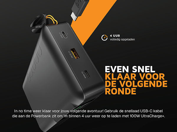 Even snel klaar voor de volgende ronde. In no time weer klaar voor jouw volgende avontuur! Gebruik de snellaad USB-C kabel die aan de Powerbank zit om 'm binnen 4 uur weer op te laden met 100W UltraCharge+. De kabel kan zelfs gebruikt worden als stevige draaglus om je Powerbank overal mee naartoe te nemen. 4 uur volledig opgeladen