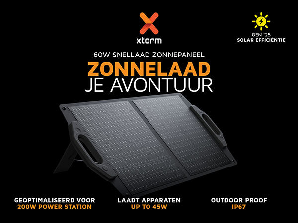 Zonnelaad je avontuur. 60W snellaad zonnepaneel. Geoptimaliseerd voor 200W power station. Laadt apparaten op tot 45W. Outdoor proof IP67