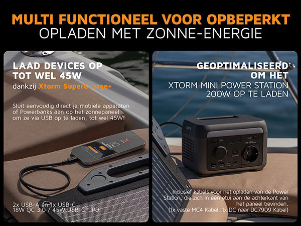 Multi functioneel voor opbeperkt opladen met zonne-energie. Laad devices op tot wel 45W dankzij Xtorm SuperCharge+: Sluit eenvoudig direct je mobiele apparaten of Powerbanks aan op het zonnepaneel om ze via USB op te laden, tot wel 45W!. Geoptimaliseerd om het Xtorm mini power station 200W op te laden
