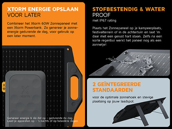 Xtorm energie opslaan voor later. Combineer het Xtorm 60W Zonnepaneel met een Xtorm Powerbank. Zo genereer je zonne-energie gedurende de dag, voor gebruik op een later moment. Genereer energie & sla dat op - gedurende de dag. Laad je apparaten op - 's nachts of op bewolkte dagen