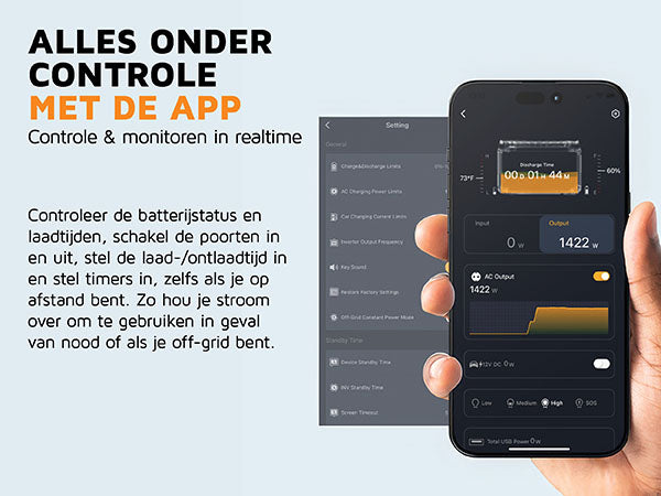 Alles onder controle met de app. Controle & monitoren in realtime. Controleer de batterijstatus en laadtijden, schakel de poorten in en uit, stel de laad-/ontlaadtijd in en stel timers in, zelfs als je op afstand bent. Zo hou je stroom over om te gebruiken in geval van nood of als je off-grid bent