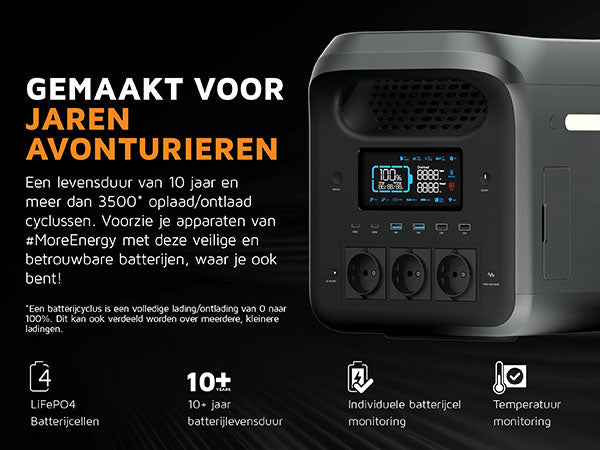 Gemaakt voor jaren avonturieren. Een levensduur van 10 jaar en meer dan 3500* oplaad/ontlaad cyclussen. Voorzie je apparaten van #MoreEnergy met deze veilige en betrouwbare batterijen, waar je ook bent!. 4 LiFePO4 Batterijcellen. 10+ years 10+ jaar batterijlevensduur. Individuele batterijcel monitoring. Temperatuur monitoring