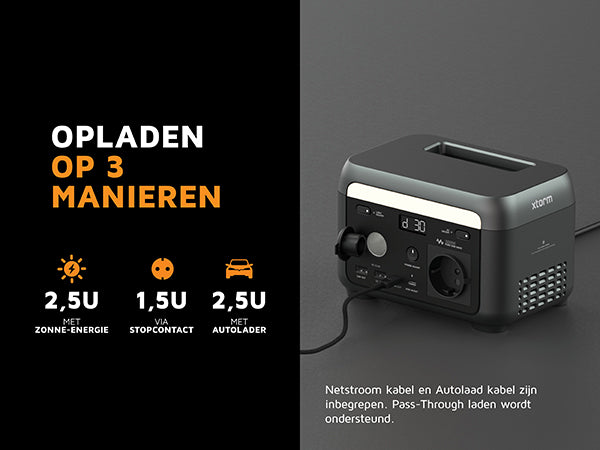 Opladen op 3 manieren. 2,5U met zonne-energie. 1,5U via stopcontact. 2,5U met autolader